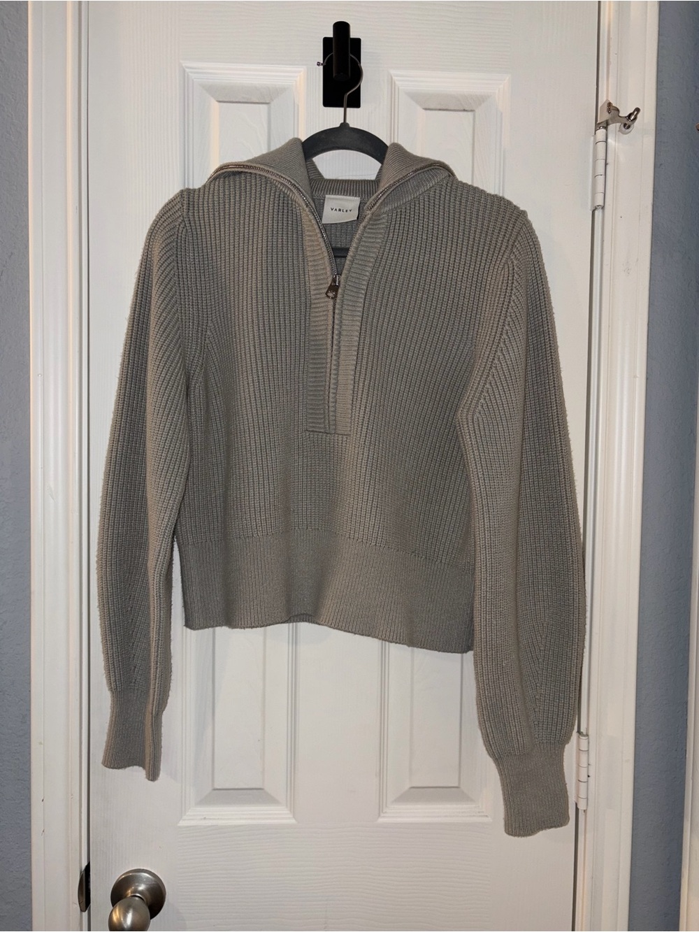 Varley Ribbed Half-Zip Hooded Sweater in Taupe Gray